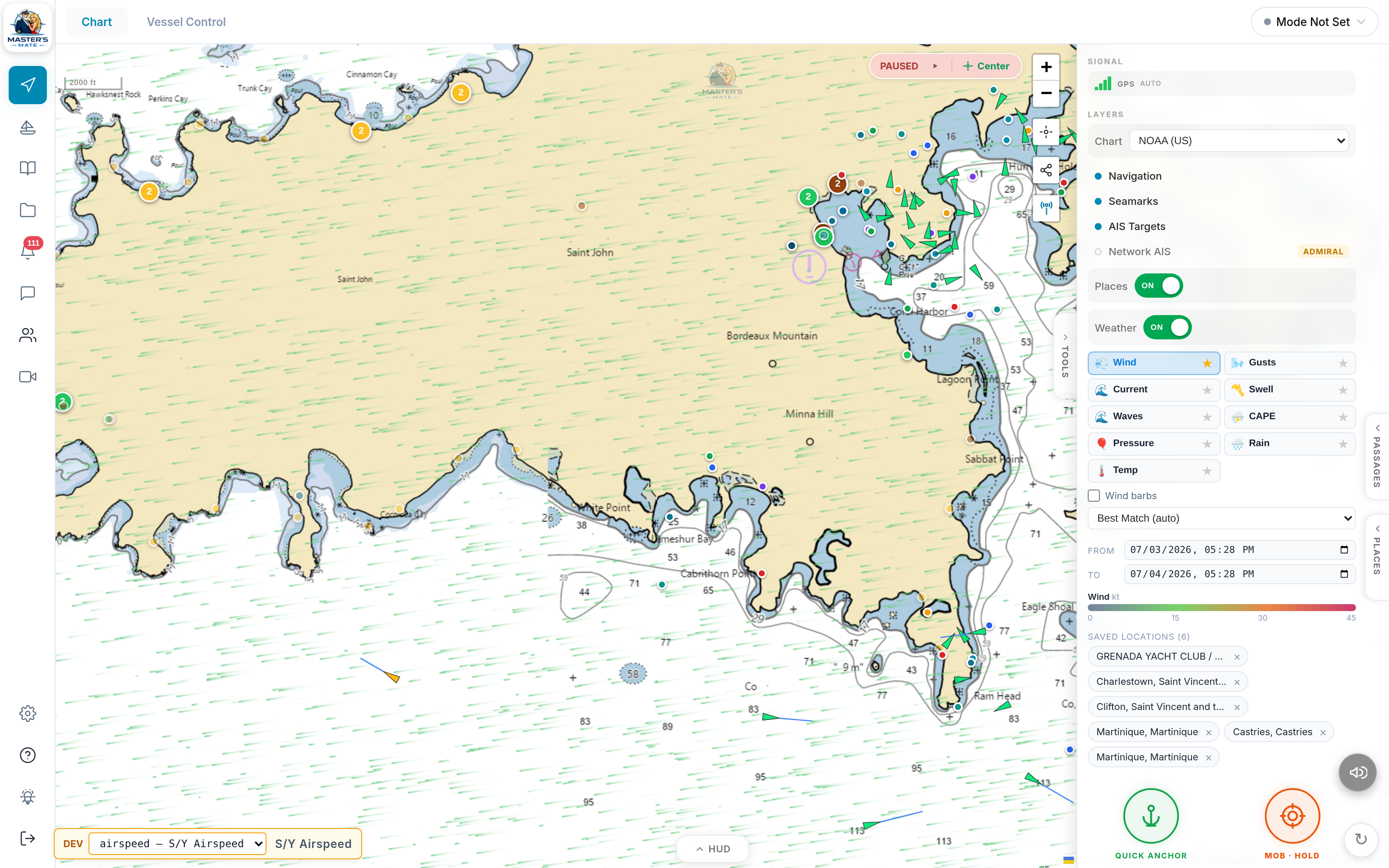 Master's Mate chartplotter — live boat tracking on nautical charts